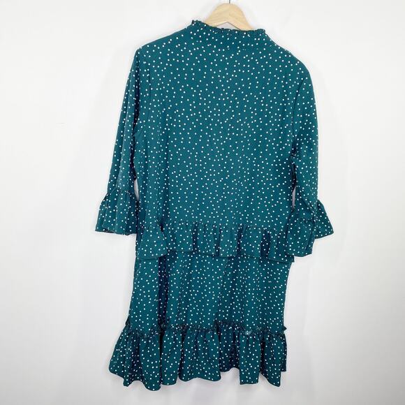 Green White Polka Dot Keyhole Mock Neck Ruffle Mini Dress Women's Size Large L - Picture 2 of 8
